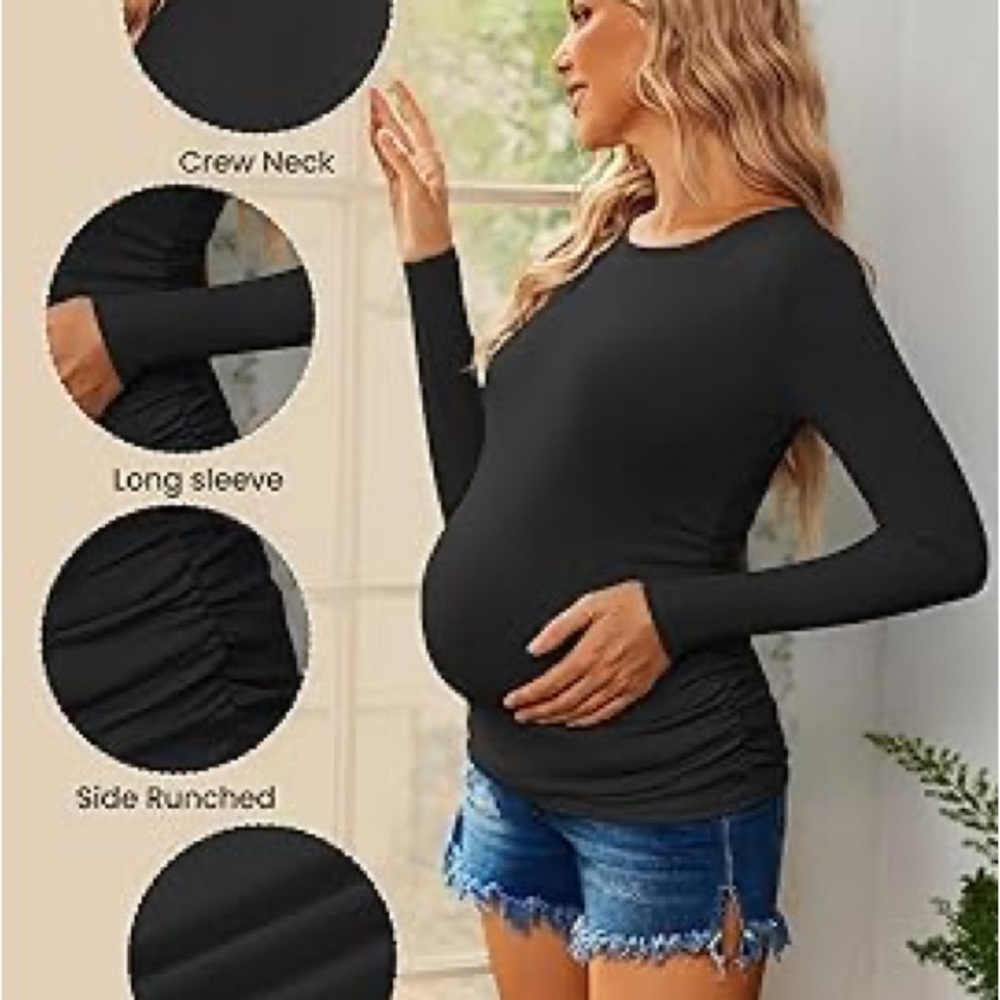 Sz M Ekouaer Maternity Long Sleeve Pregnancy Top crew neck Ribbed Side Ruched